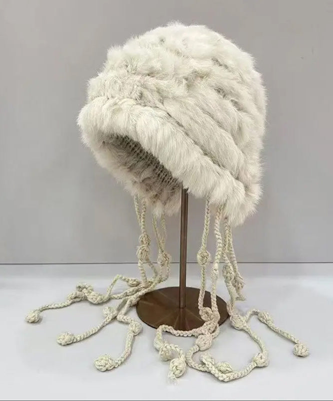 White Tassel Rabbit Wool Knit Bonnie Hat