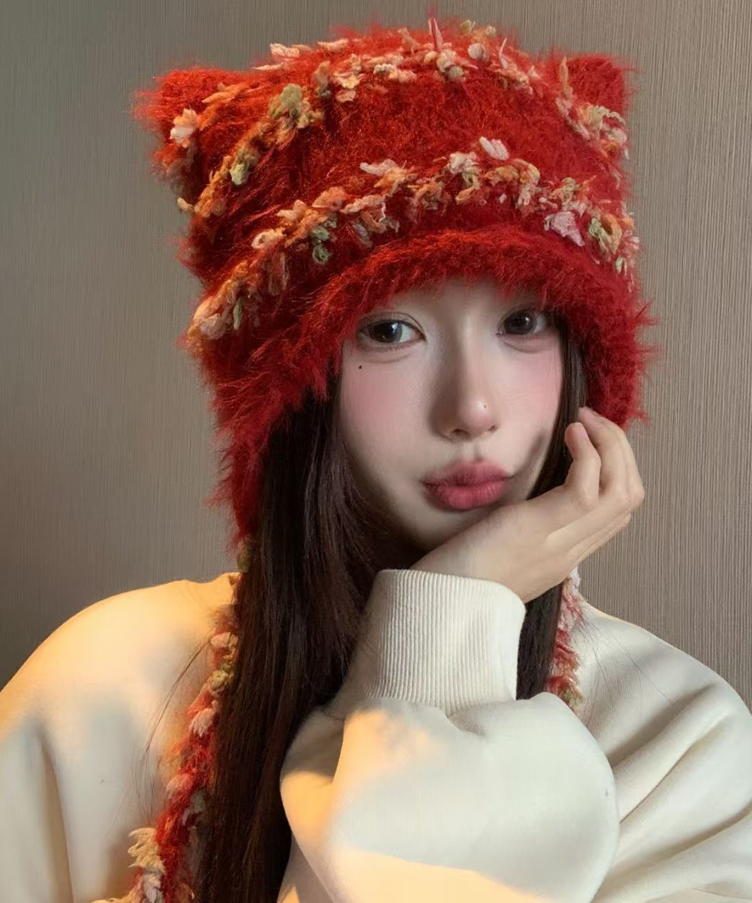 Japanese Style Red Knitted Warm Ear Protection Hat