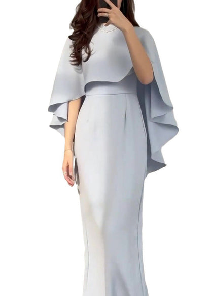 Slim Fit Light Blue Silk Shawl Waist Cinched Dress