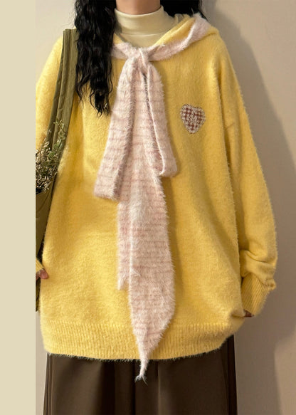 Yellow Hooded Lace Up Patchwork Knit Sweater Spring