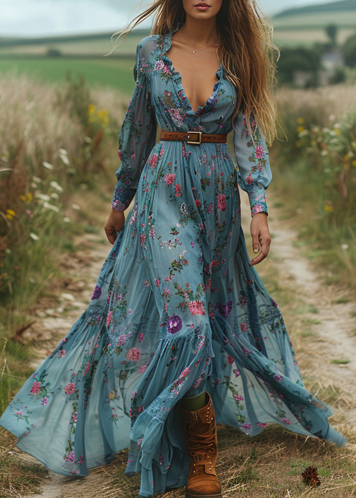 Blue Ruffled Print Patchwork Cotton Long Dress Fall