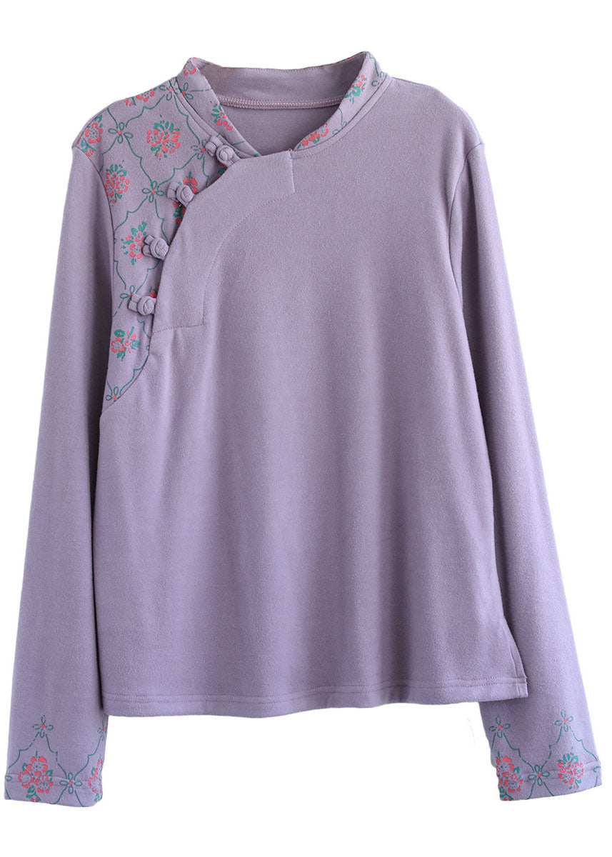 Modern Purple Embroidered Button Fall Cotton Top