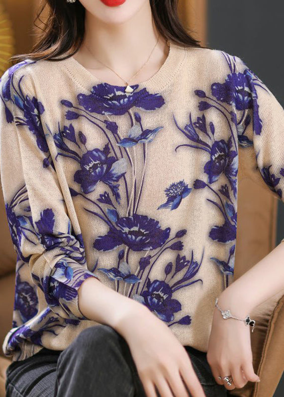 Purple O Neck Print Thin Knit Blouses Fall