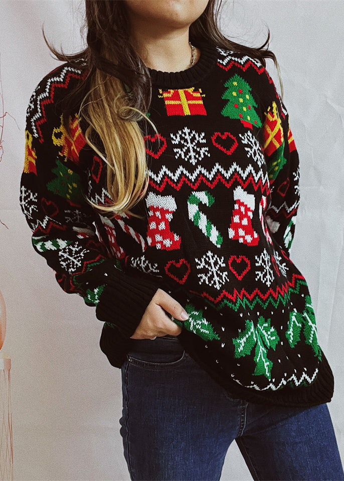 Loose Black O Neck Jacquard Christmas Knit Sweaters Winter
