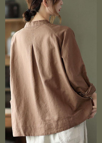 Handmade Khaki Retro O-neck Button Fall Top Long Sleeve