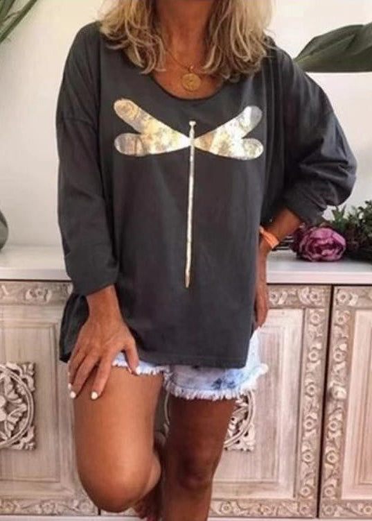 Black O Neck Print Cotton Sweatshirts Long Sleeve