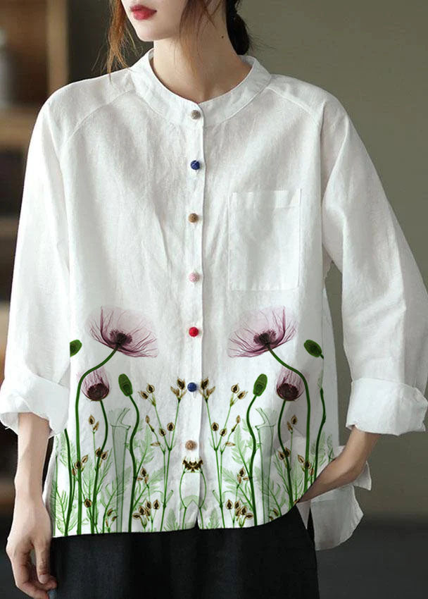 Modern White-gray Flower Loose Patchwork Pockets Fall Long Sleeve Blouse Top