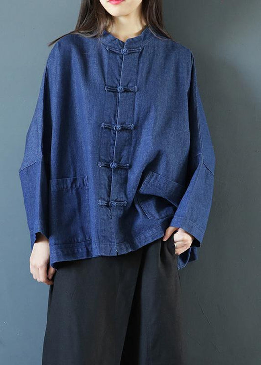Denim Dark Blue Clothes for Stand Collar Chinese Button Tunic Blouse