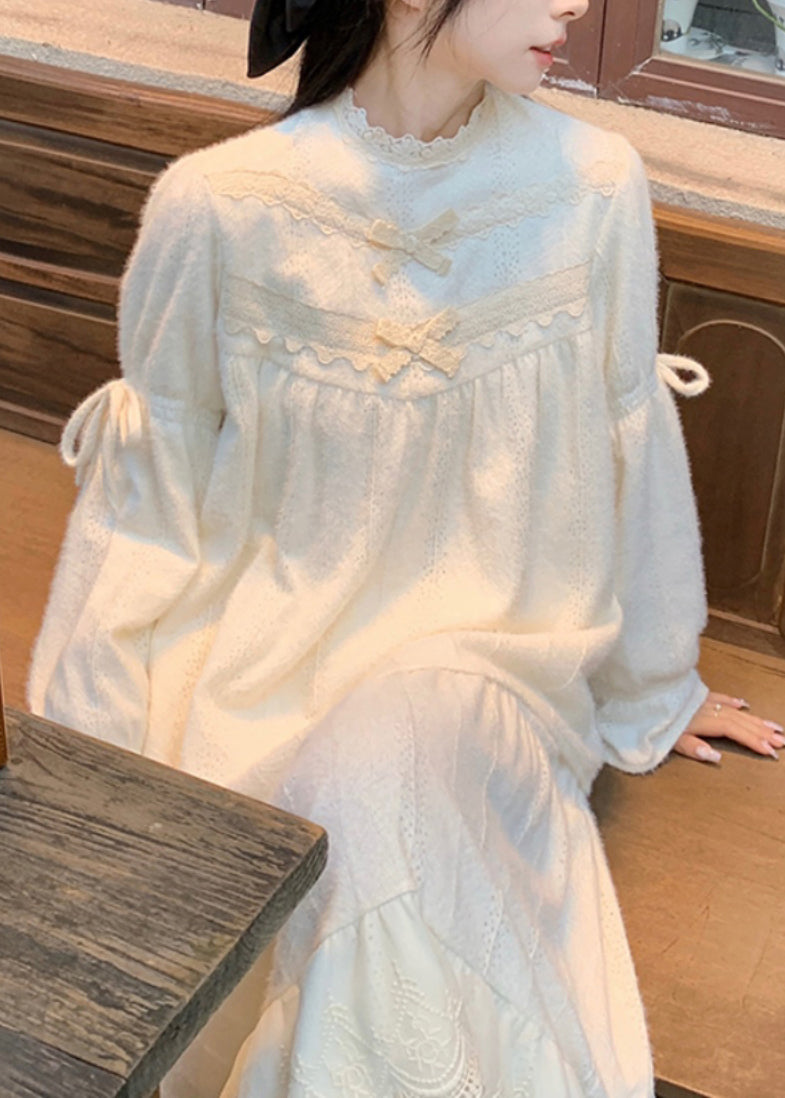 Beige Lace Patchwork Tops and Skirts Cotton Two Pieces Set Spring