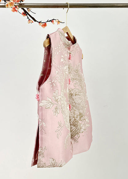 Pink Stand Collar Embroidered Nail Bead Side Open Waistcoat Fall