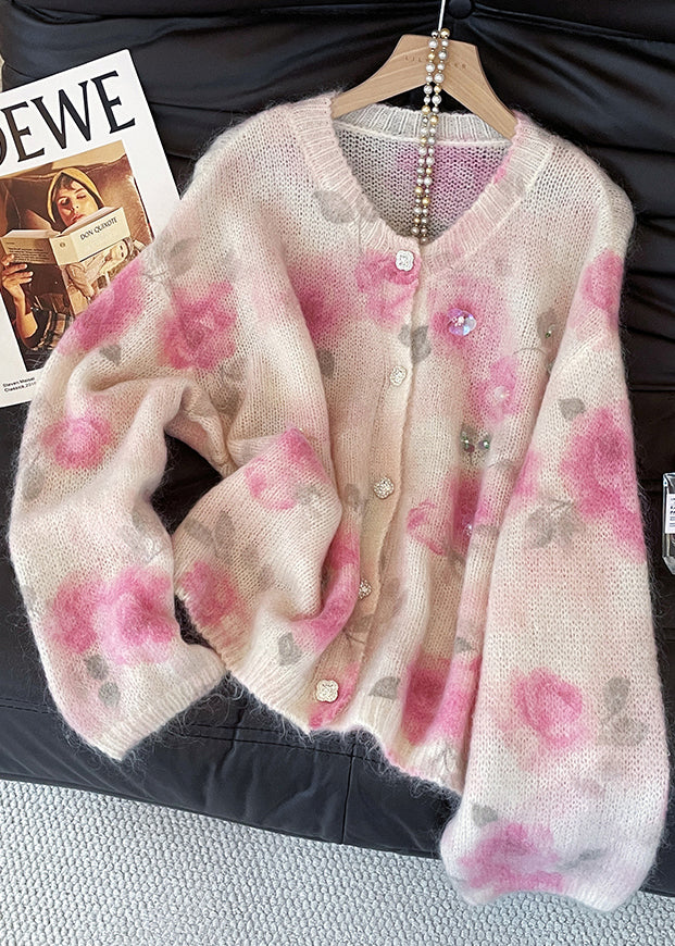 Art Pink Sequins Print Knit Cardigan Fall