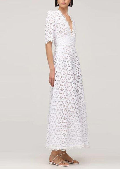 French White V Neck Patchwork Lace Long Dress Summer