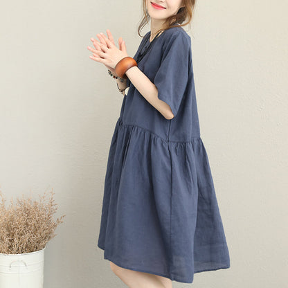 Stylish Blue Linen Dress Oversize Linen Maxi Dress Ruffles O Neck Cotton Dress
