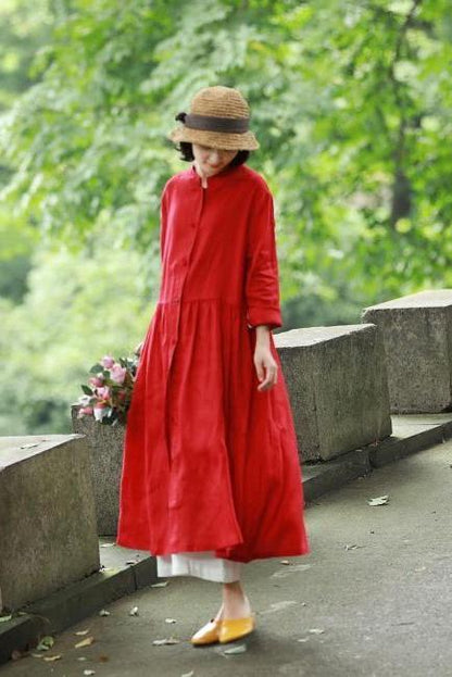Loose Blue and Red Button Down Linen Maxi Dresses for