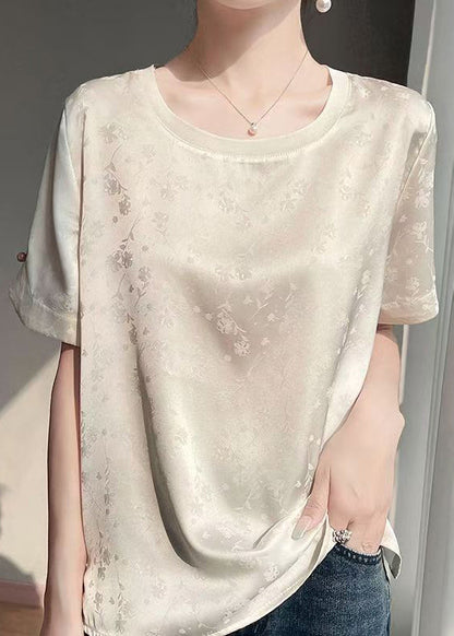 Beige Jacquard Original Design Silk Blouses Short Sleeve