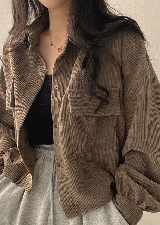 Coffee Peter Pan Collar Pockets Corduroy Short Coat Fall