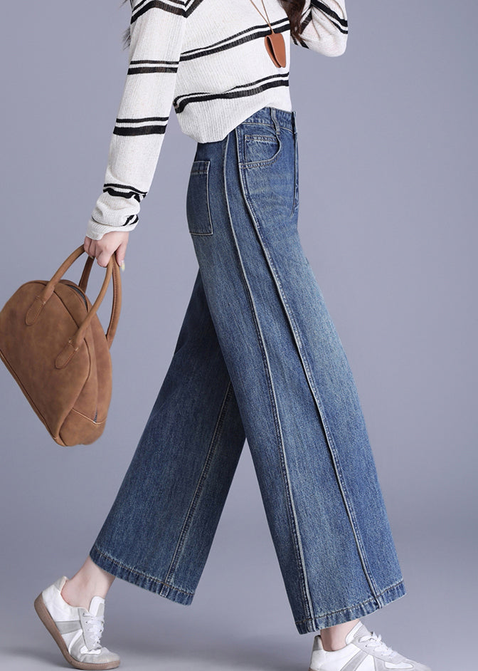 New Blue Pockets Patchwork Denim Crop Pants Spring