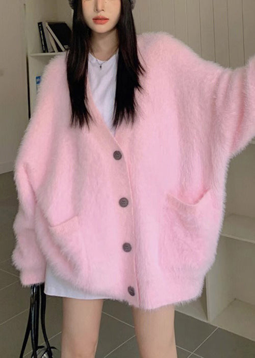Loose Pink V Neck Button Knit Cardigan Fall