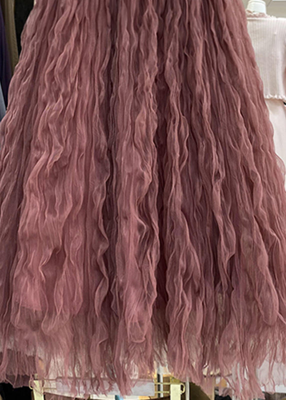 Rose High Waist Wrinkled Tulle Maxi Skirts Spring