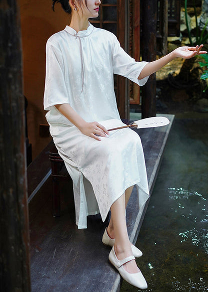 Handmade White Stand Collar Tassel Jacquard Silk Dress Summer