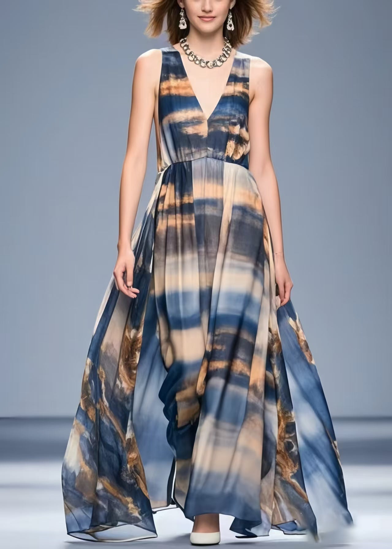 Navy Tie Dye Exra Large Hem Chiffon Beach Dress Summer