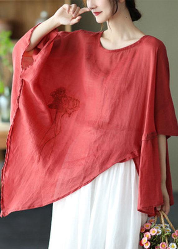 Art Black Asymmetrical Design Embroidered Summer Ramie Shirt Tops