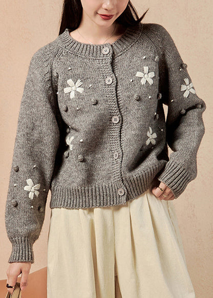 French Grey O Neck Button Knit Cardigan Winter