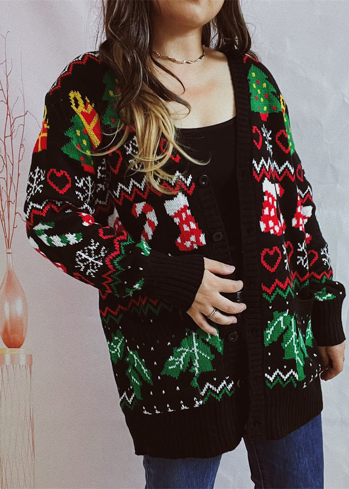Black V Neck Jacquard Knit Cardigan Fall