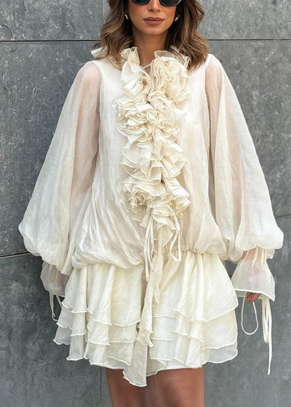 Art Beige Ruffled Lace Up Chiffon Mini Dresses Spring