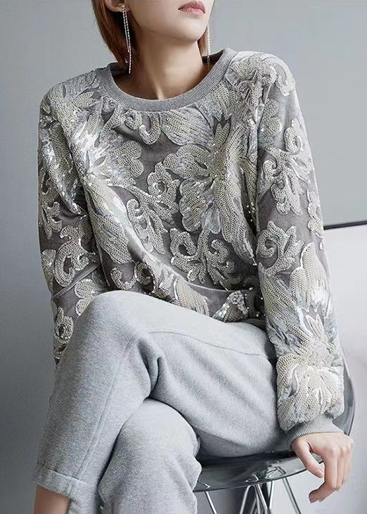 Handmade Grey O-neck Embroideried Sequins Velour Sweatshirt Fall