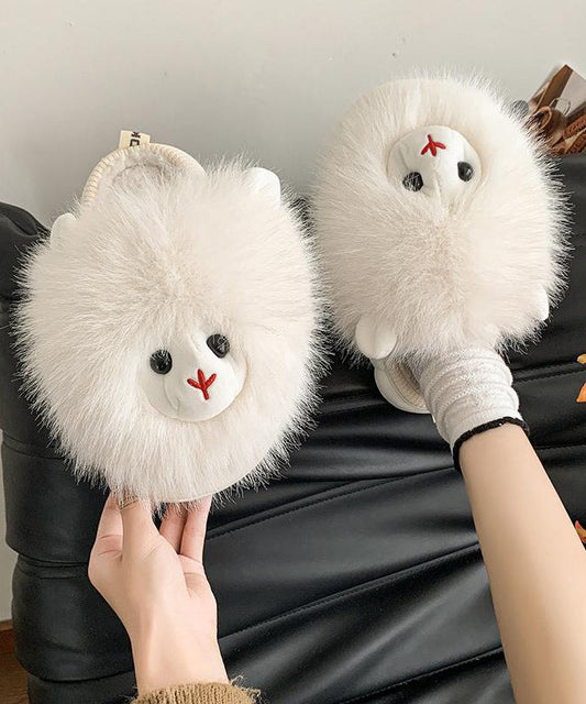 Beige Slippers Shoes Fuzzy Fur Splicing