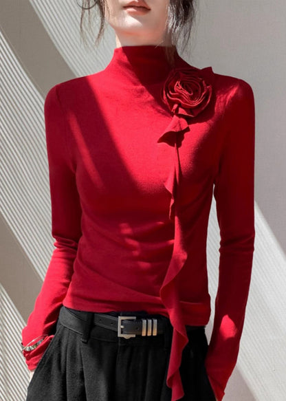 Red Stand Collar Decorated Cotton Shirt Tops Spring