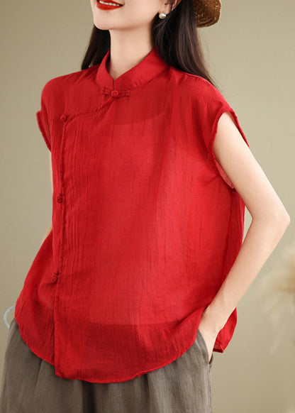 Chinese Style Red Stand Collar Patchwork Linen Shirt Short Sleeve