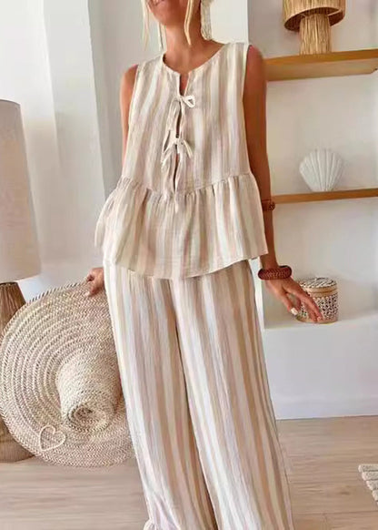 Handmade Camel O-neck Striped Top and Wide Leg Pants Two Pieces Set Summer