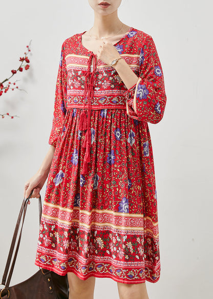 Red Tasseled Print Cotton Mini Dresses Fall