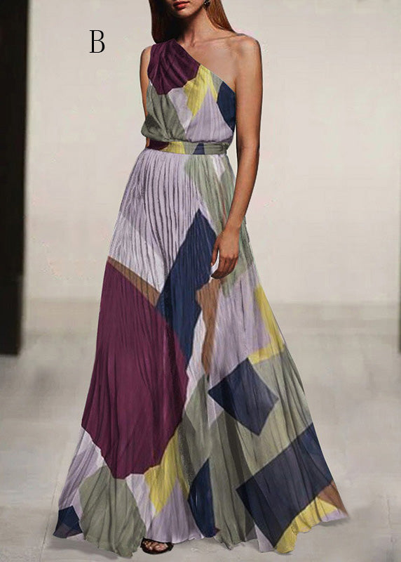 New One Shoulder Print Wrinkled Chiffon Dress Summer
