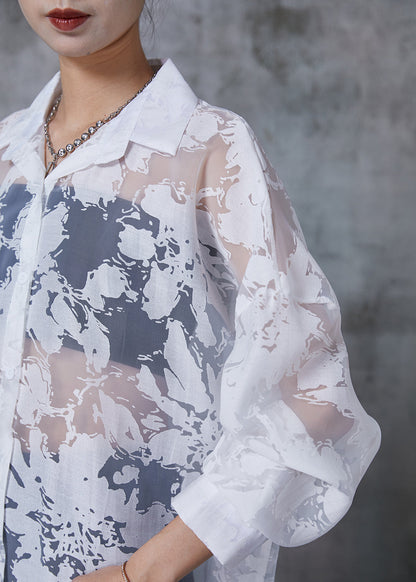 Stylish White Oversized Print Chiffon Upf 50+ Top Summer