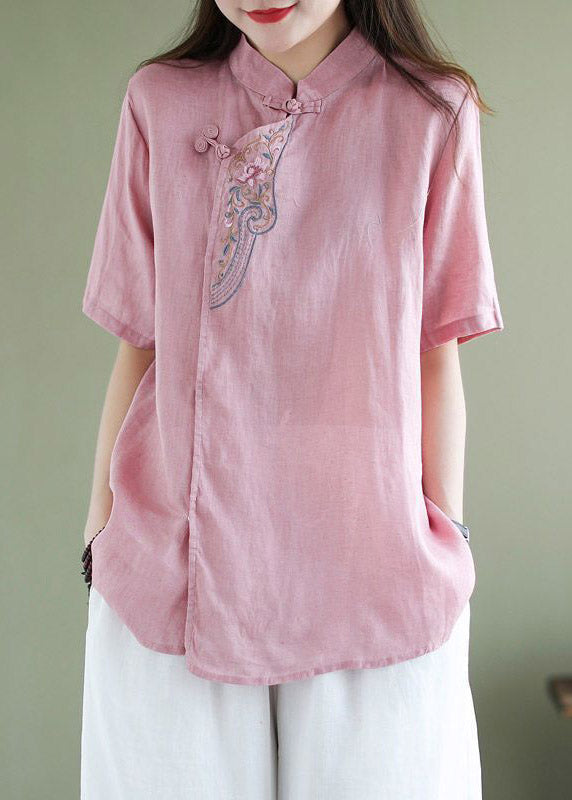 Loose Orange Stand Collar Embroidered Button Shirt Short Sleeve
