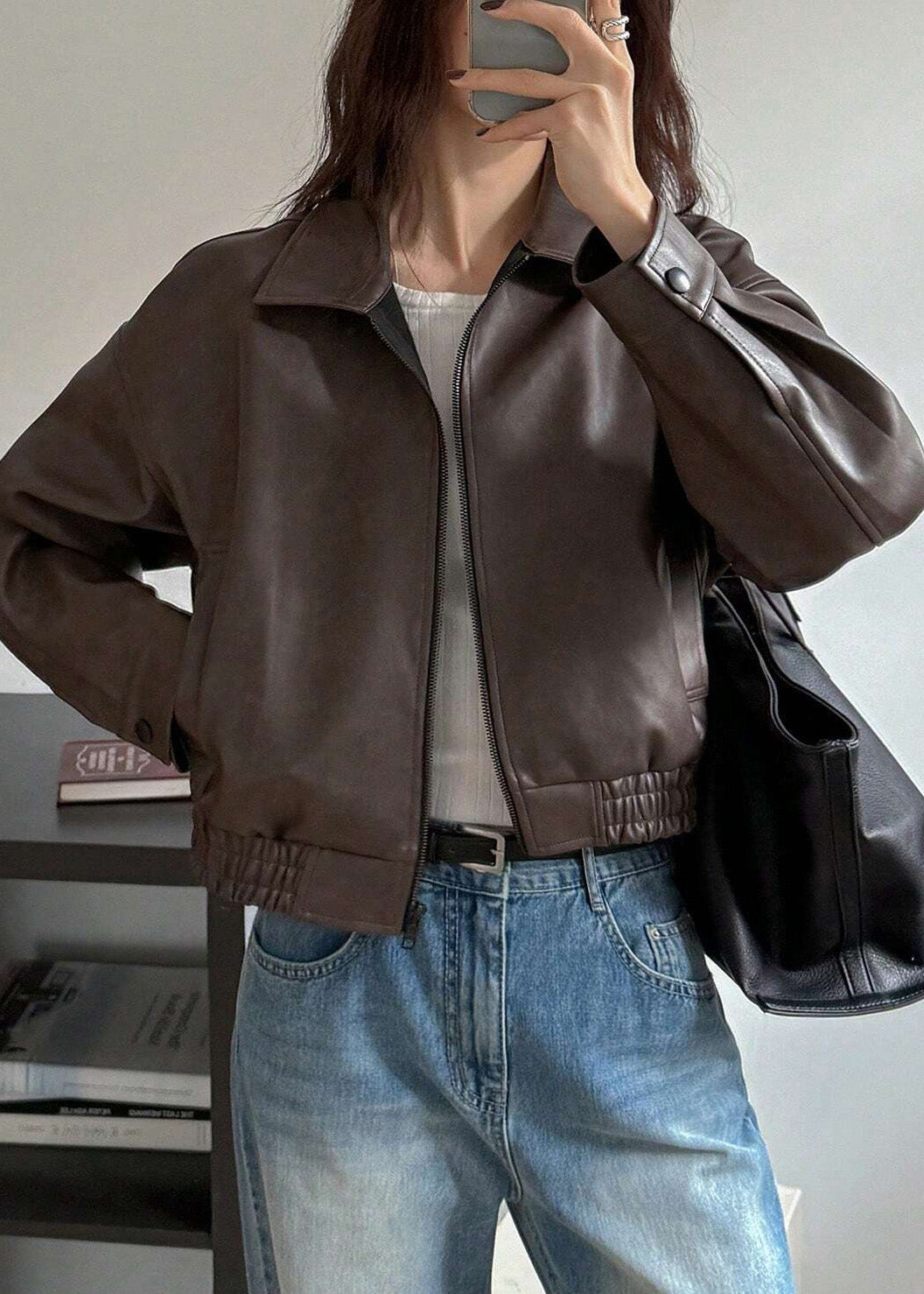 Fitted Brown Zip Up Pockets Faux Leather Coat Outwear Fall