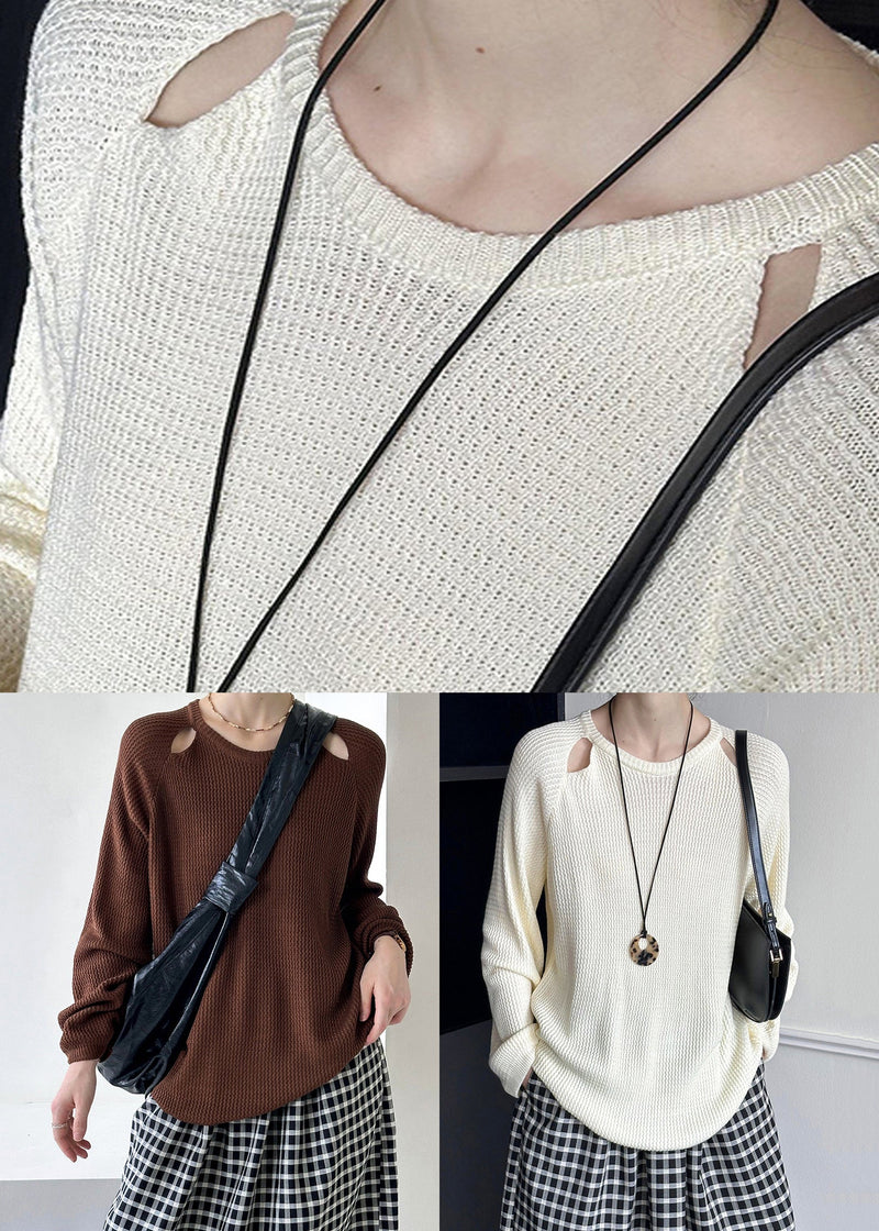 Brown O Neck Hollow Out Knit Sweaters Fall