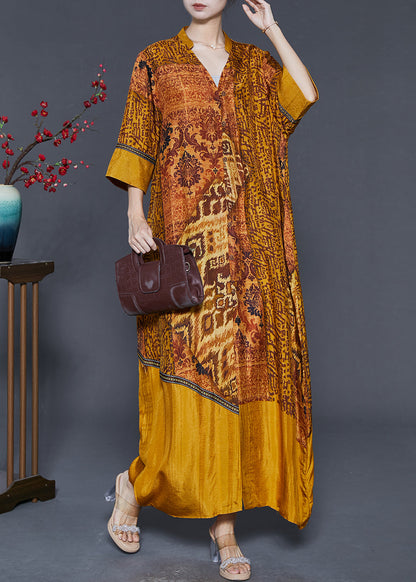 Golden Oversized Print Silk Vacation Dress Summer