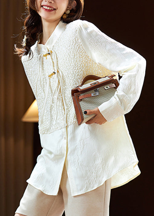 Beige Chinese Button Sequins Silk Shirt Long Sleeve