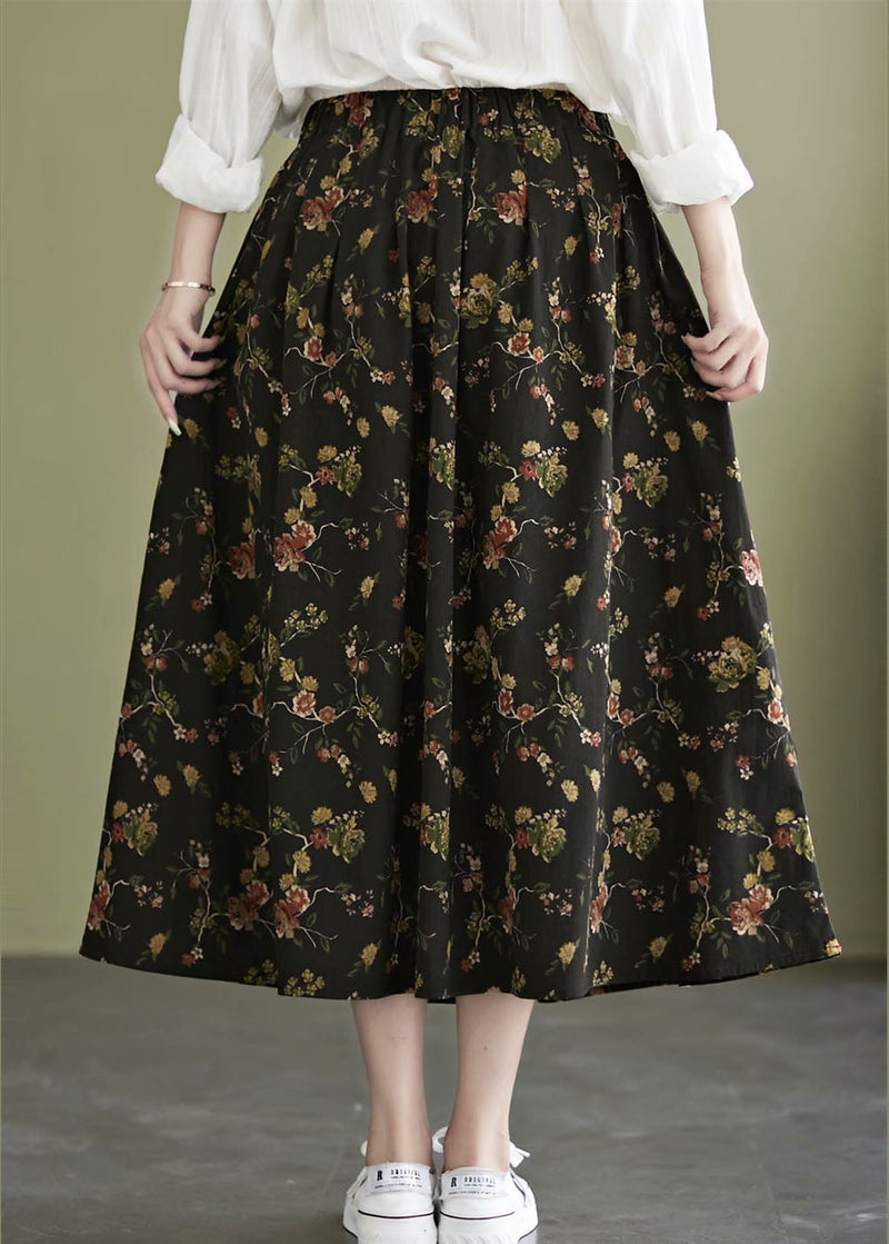 Black Print Cotton a Line Skirt Exra Large Hem Pockets Fall