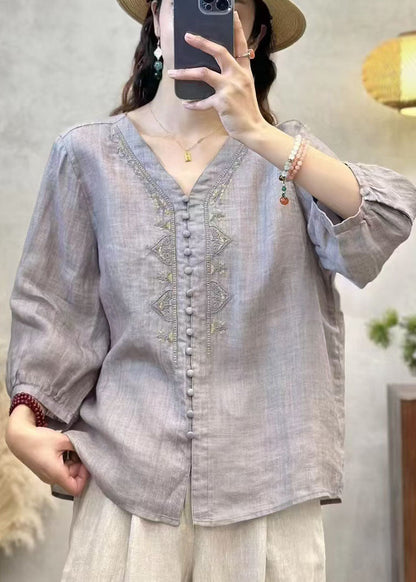 Grey V Neck Embroidered Linen Shirts Bracelet Sleeve