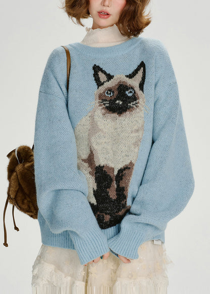 Blue Oversized Dog Jacquard Knit Sweater Tops Winter