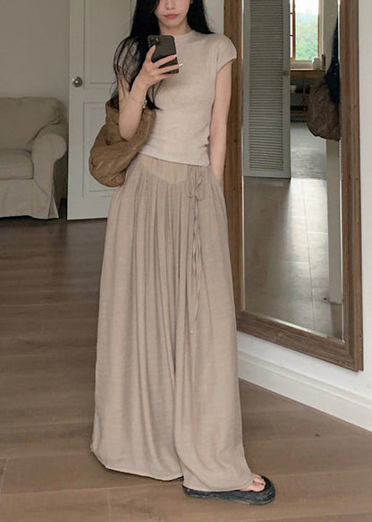 Khaki Silm Fit Tops and Wide Leg Pants Two Pieces Set Summer