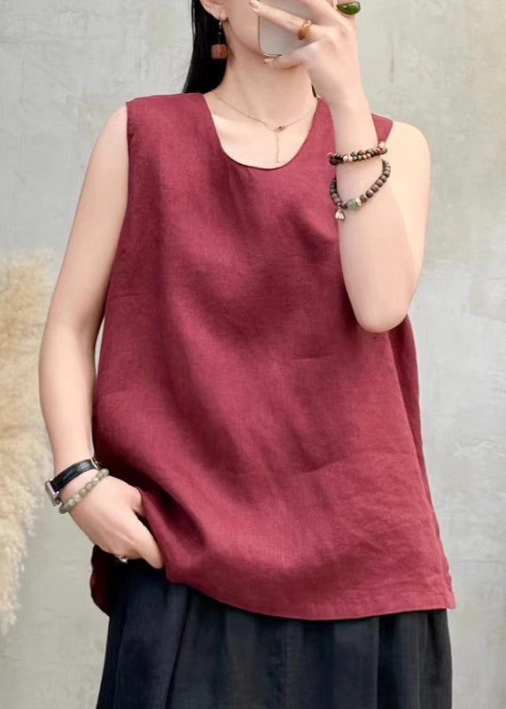 Classy Wine Red Side Open Linen Tops Sleeveless