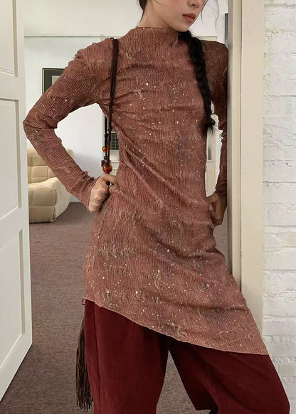 Stylish Pink Asymmetrical Design Slim Fit Wrinkled Dress Fall