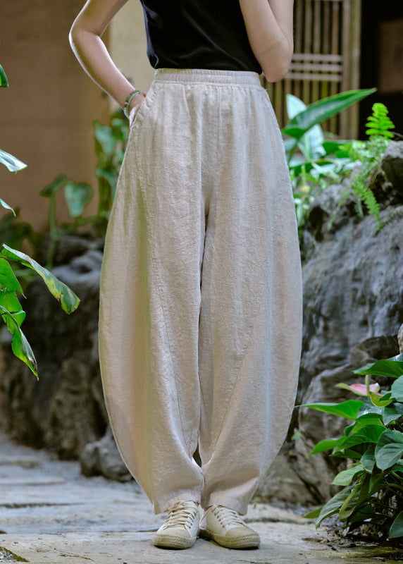 Simple Yellow Pockets Elastic Waist Linen Pants Summer