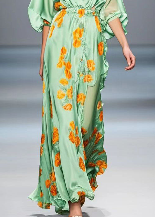 Light Green Ruffled Print Silk Long Dress Fall